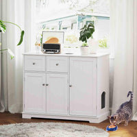 Cat Litter Box Enclosure, Hidden Cat Washroom Side Cabinet Wooden Pet House w/ 2 Drawers