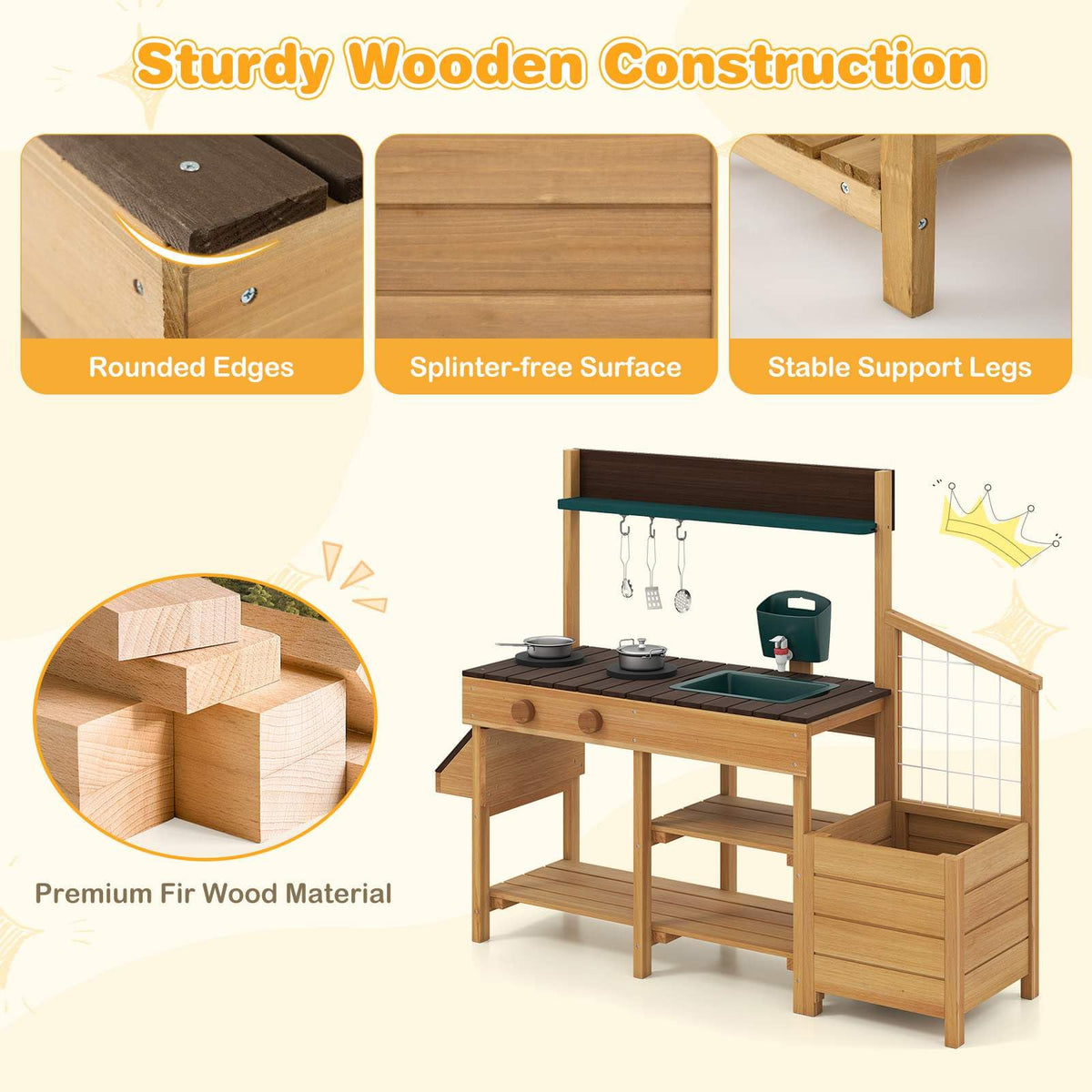 Outdoor Play Kitchen for Kids Wooden Toy Kitchen Playset with Removable Faucet