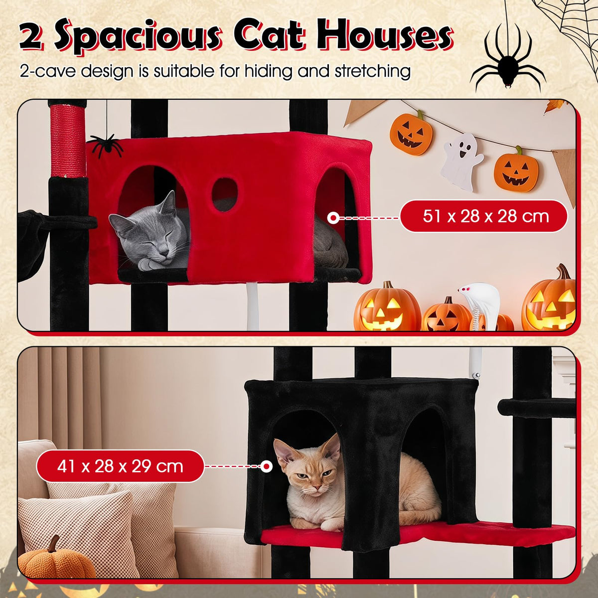 190cm Gothic Cat Tree for Indoor Cats with 2 Plush Perches and 2 Condos for Black Halloween