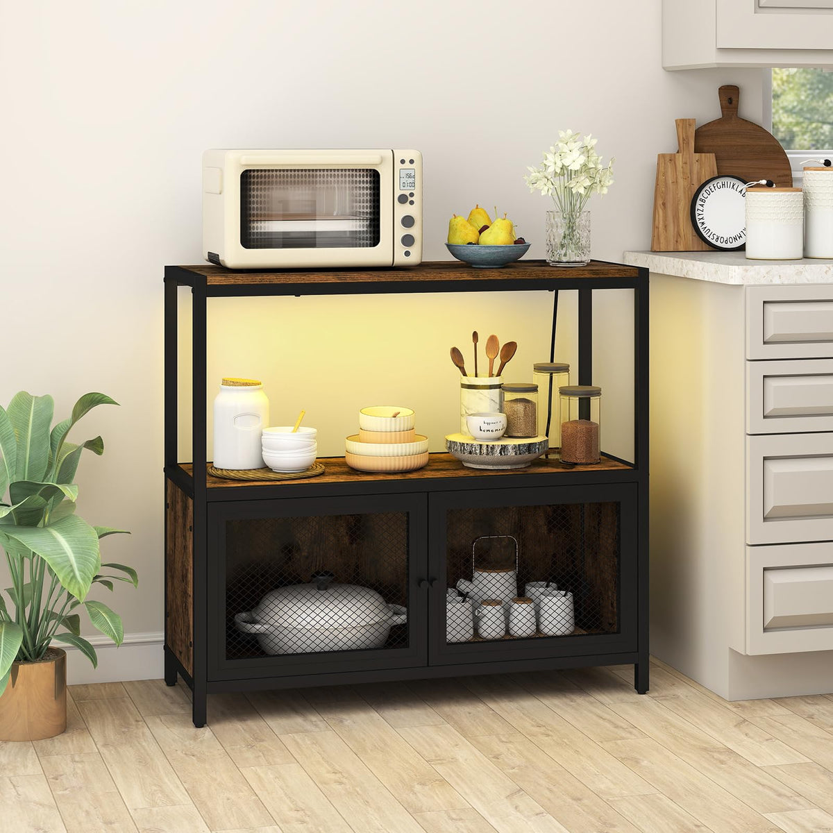 Coffee Bar Cabinet with LED Lights and Charging Station for Kitchen and Dining Room