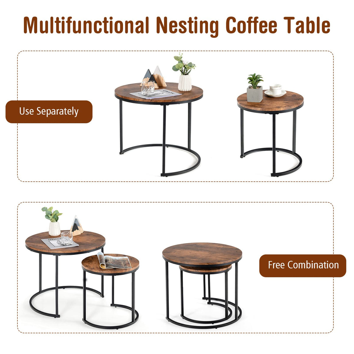 Giantex Set of 2 Round Nesting Coffee Table, Compact Stacking Side Tables w/ Wooden Tabletop & Powder-coated Steel Frame