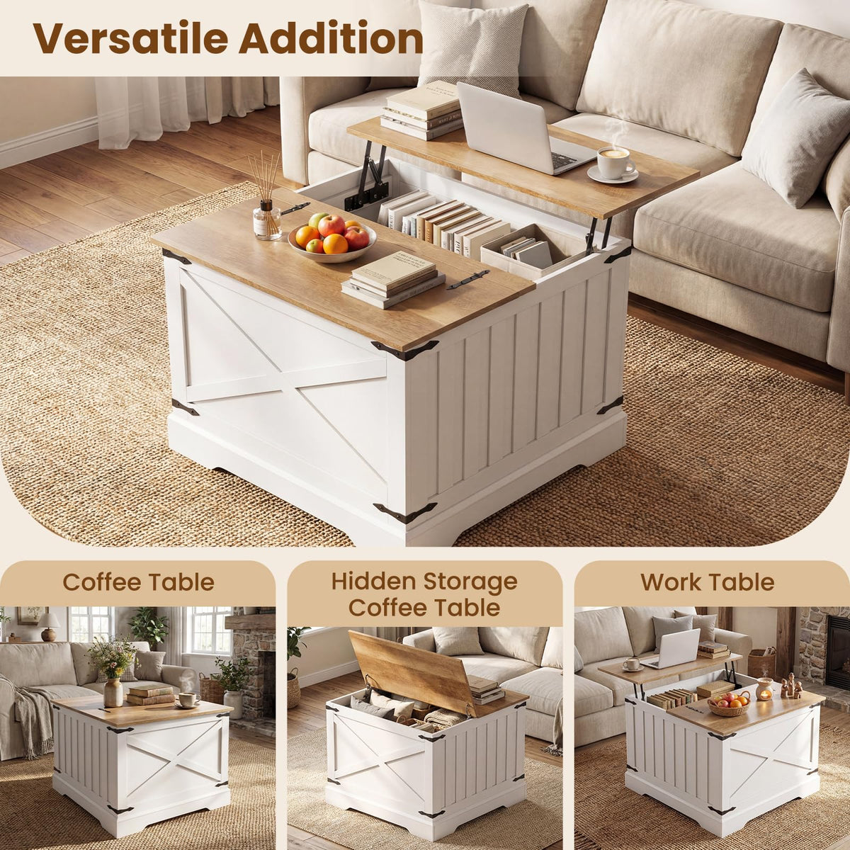 Farmhouse Lift Top Coffee Table, 80cm Square Center Table