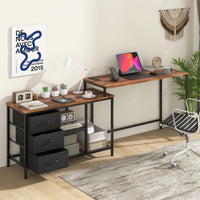 Giantex L-Shaped Computer Desk with Power Outlet, Convertible Corner Desk with 3 Fabric Drawers & Metal Mesh Shelves