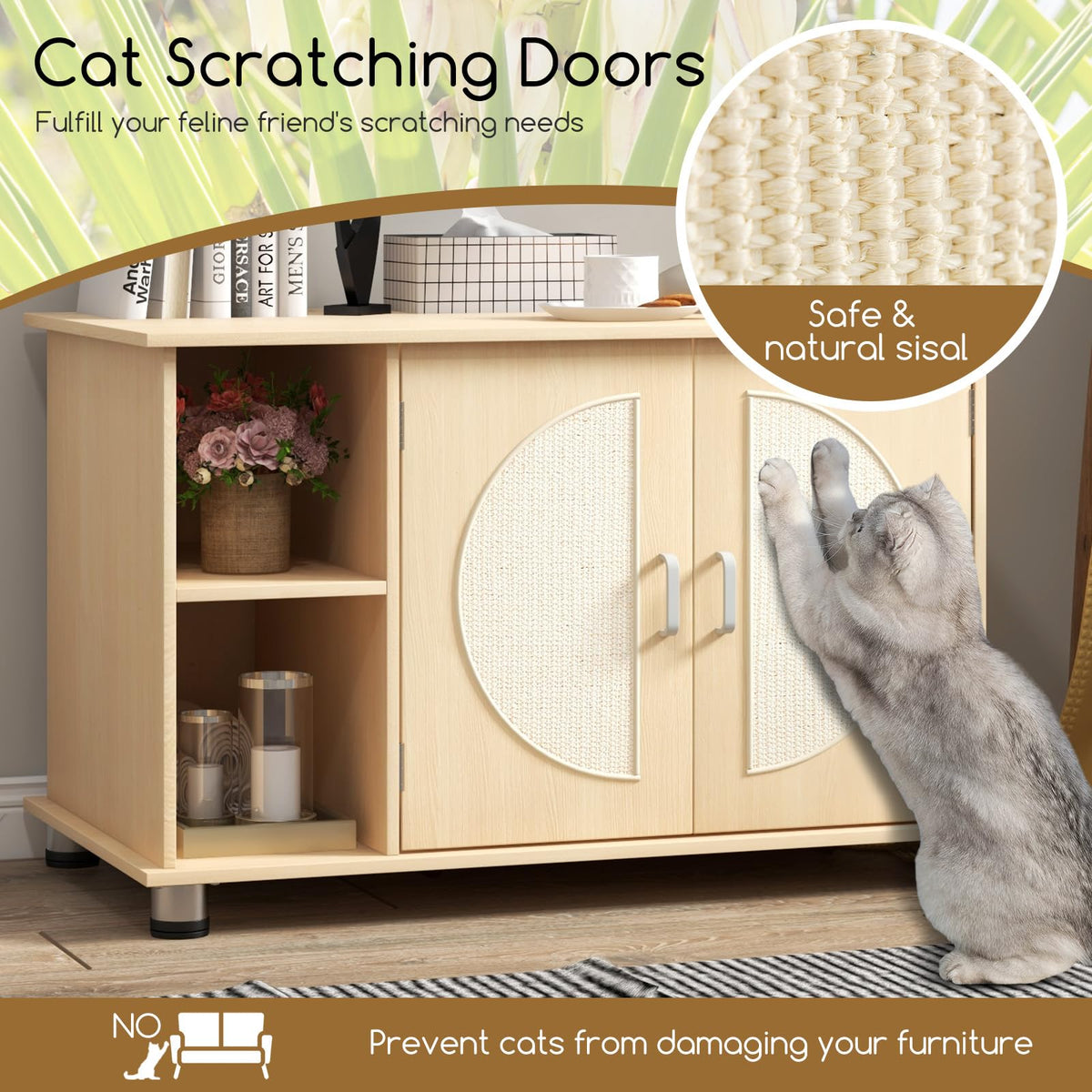 Cat Litter Box Enclosure w/Sisal Scratching Doors, Adjustable Metal Feet