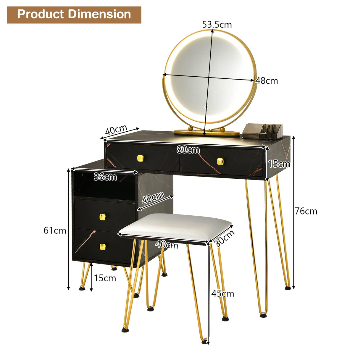 Giantex Makeup Vanity Set w/ Lighted Mirror, Modern Dressing Table with Storage Cabinet, Drawers, Cushioned Stool