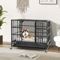 96CM/120CM Foldable Heavy-Duty Metal Dog Cage W/Lockable Rolling Casters, Removable Tray, 2 Lockable Doors