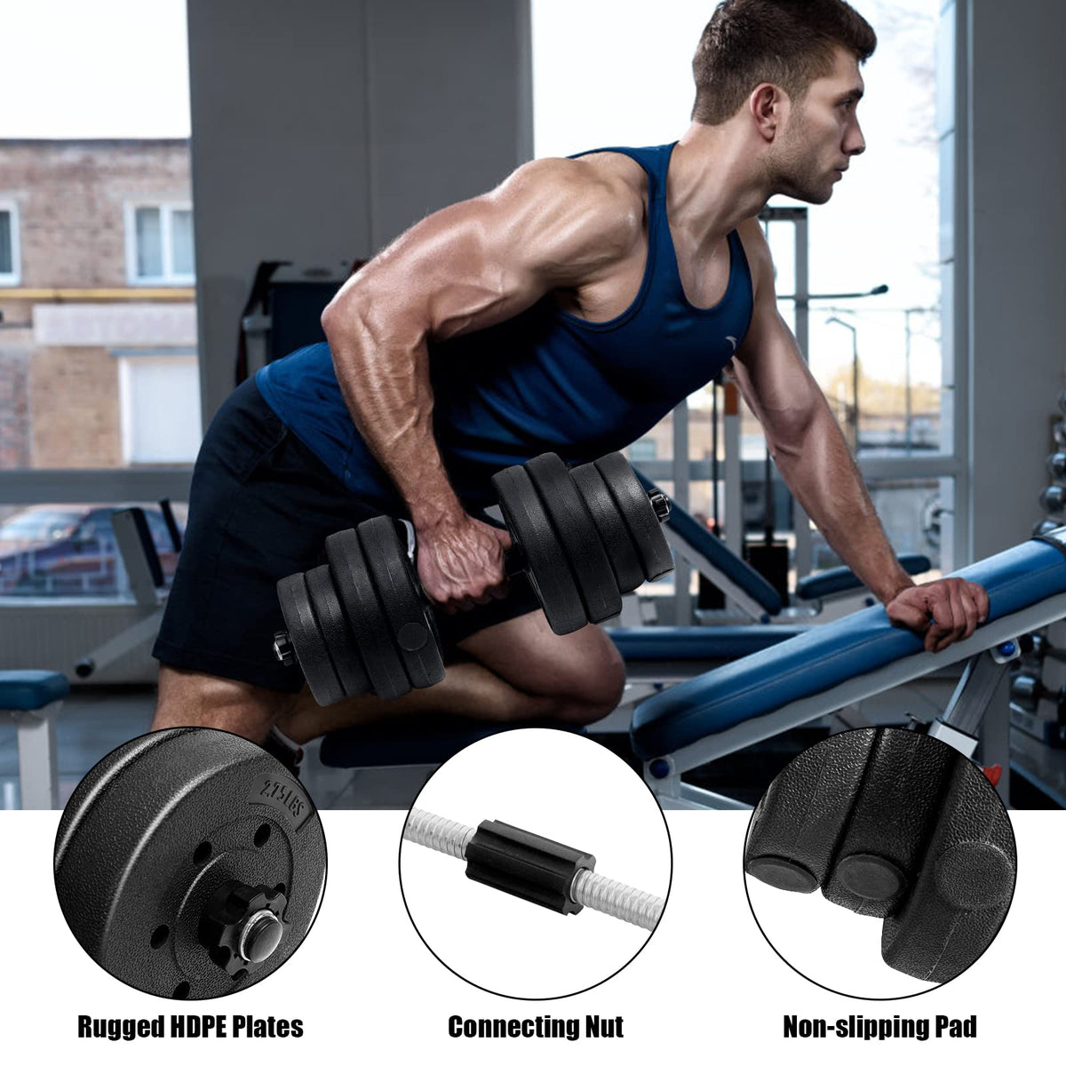 Adjustable Weights Dumbbells Set of 2, Total 30 kg Non-slip Fitness Lifting Barbell