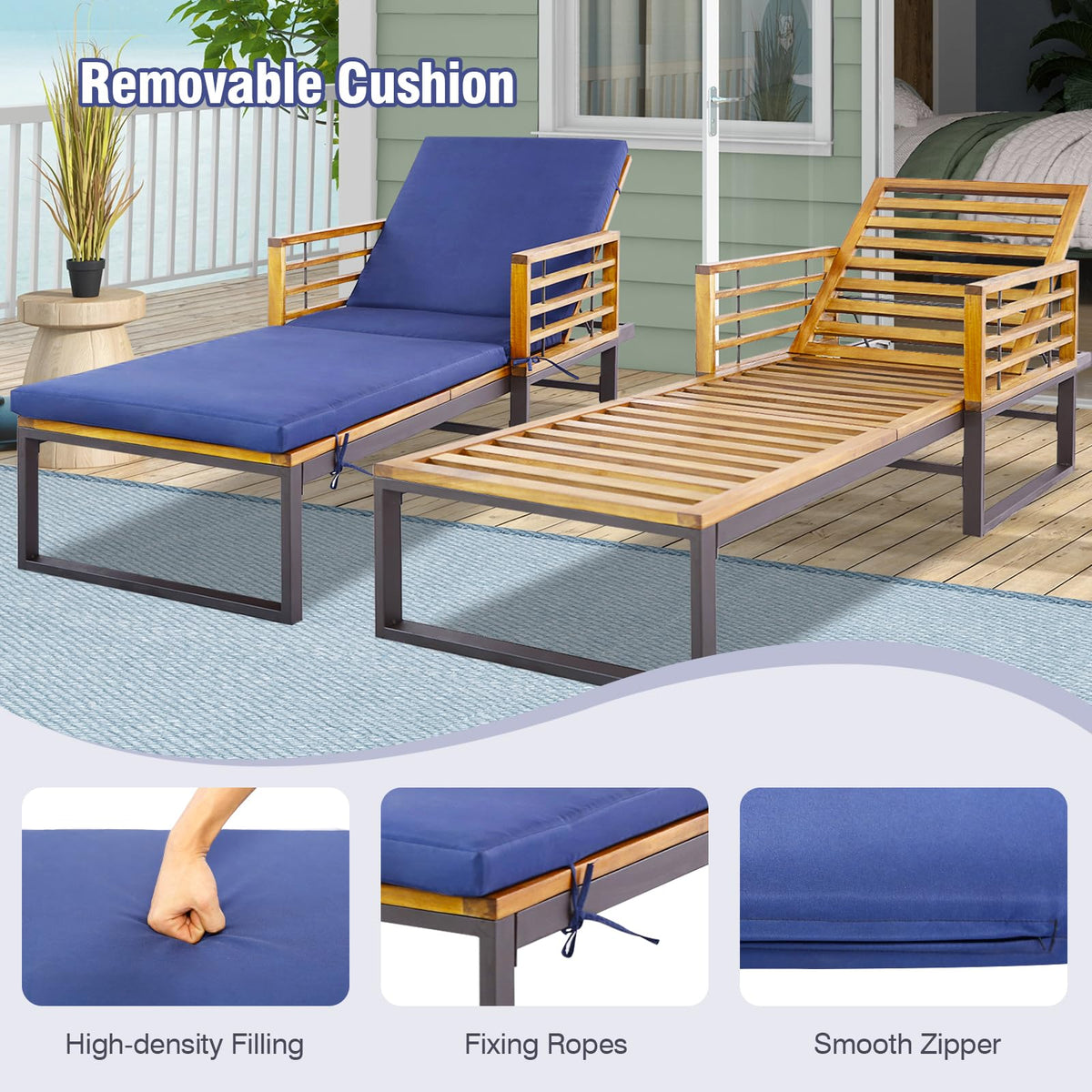 Patio Chaise Lounge Chair with Acacia Wood with Armrests for Poolside