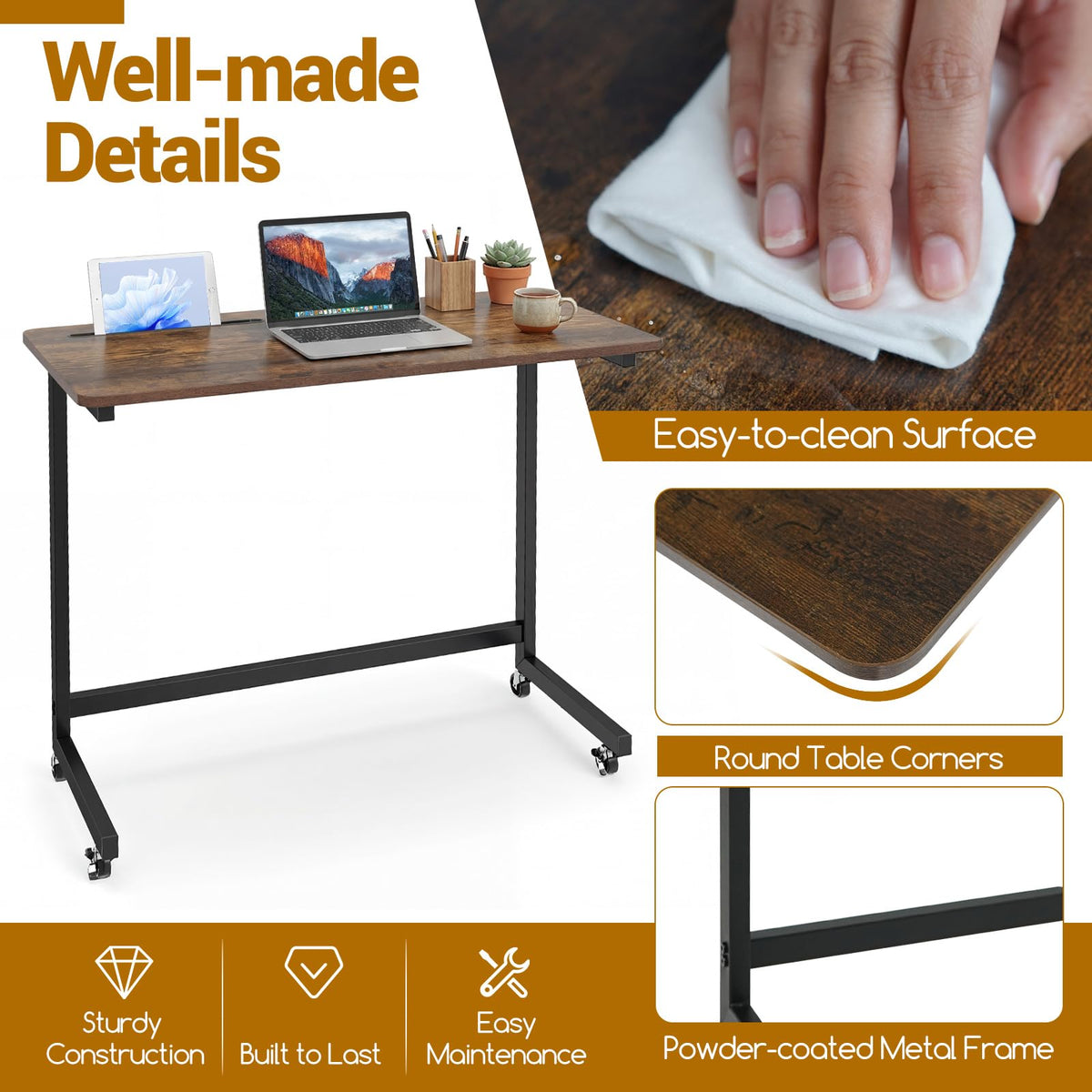 Mobile Side Table Rolling Laptop Desk Cart with Tablet Slot Over Bed Table with Wheels