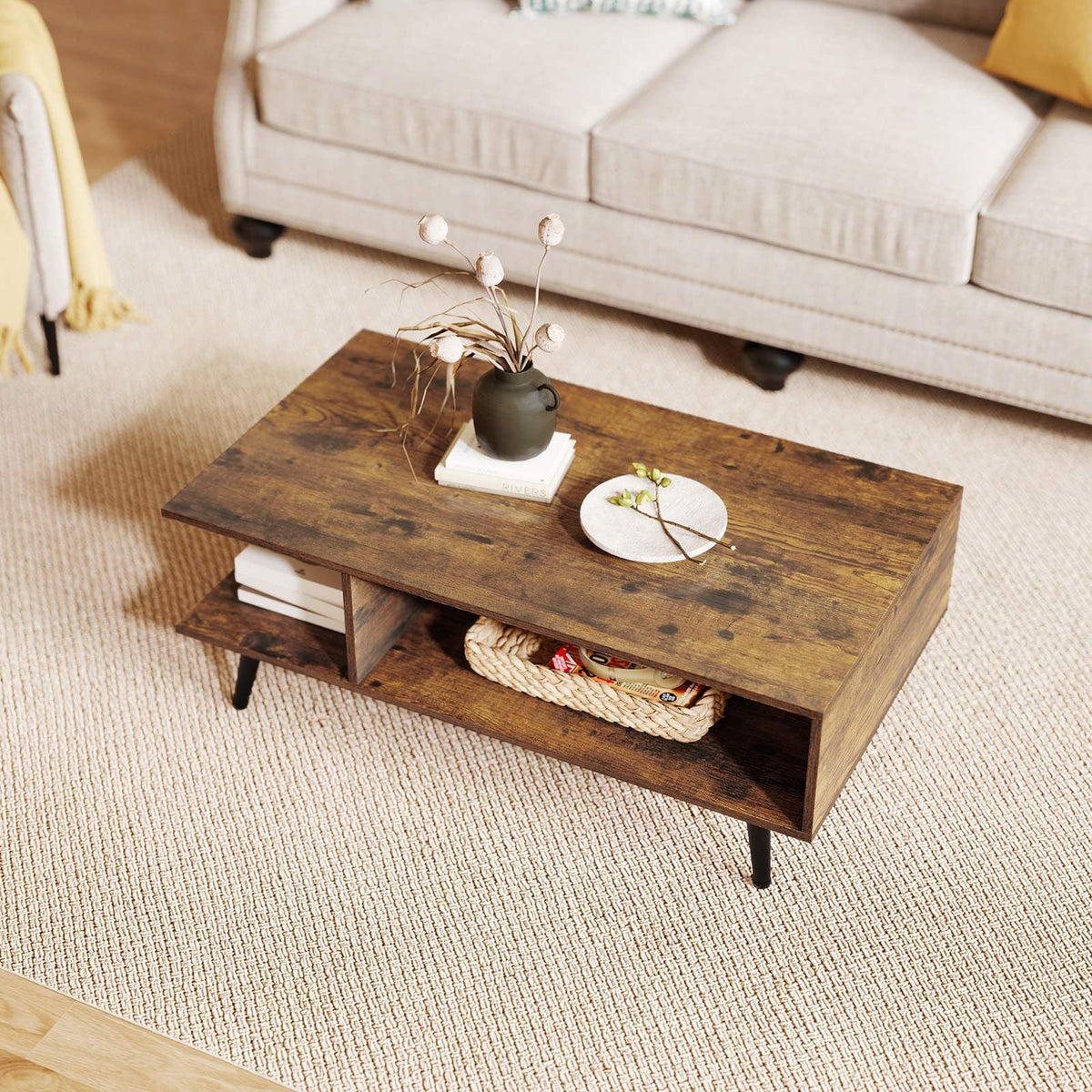 2-tier Coffee Table with 2 Open Shelves and Heavy-duty Metal Frame