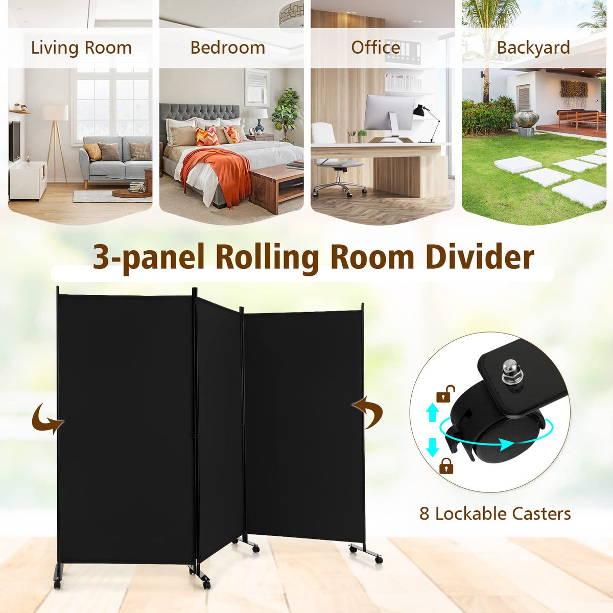 Giantex 3-Panel Folding Room Divider, 180 CM Rolling Privacy Screen with Lockable Wheels