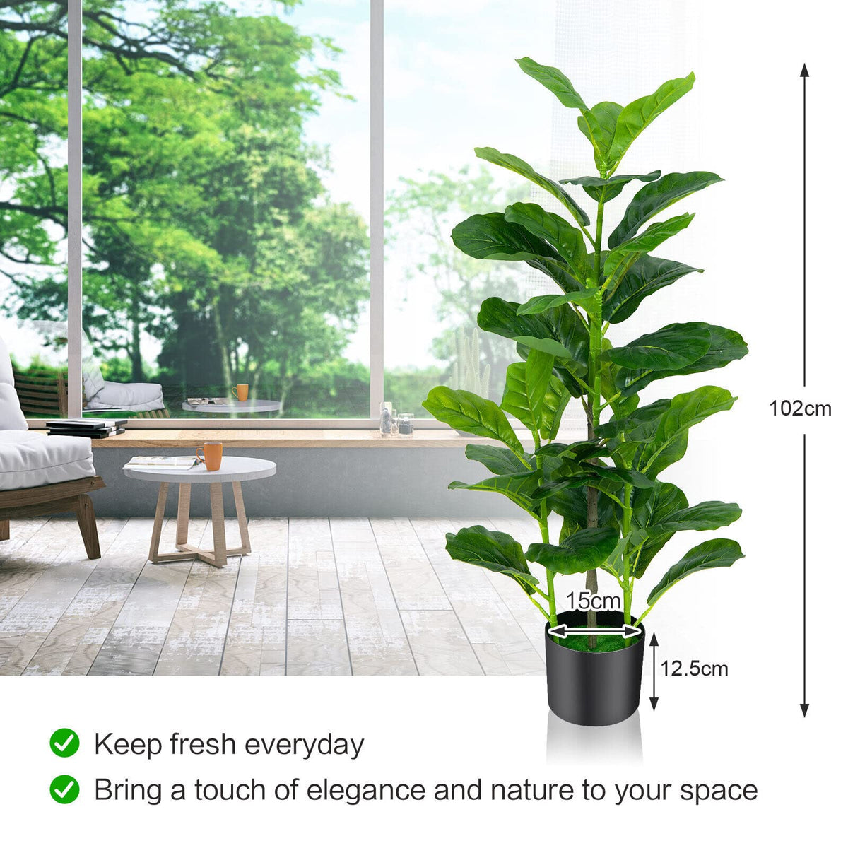 Giantex 100CM Artificial Fiddle Leaf Fig Tree, 2-Pack Faux Tree with 32 Leaves, Built-in Cement, Moss