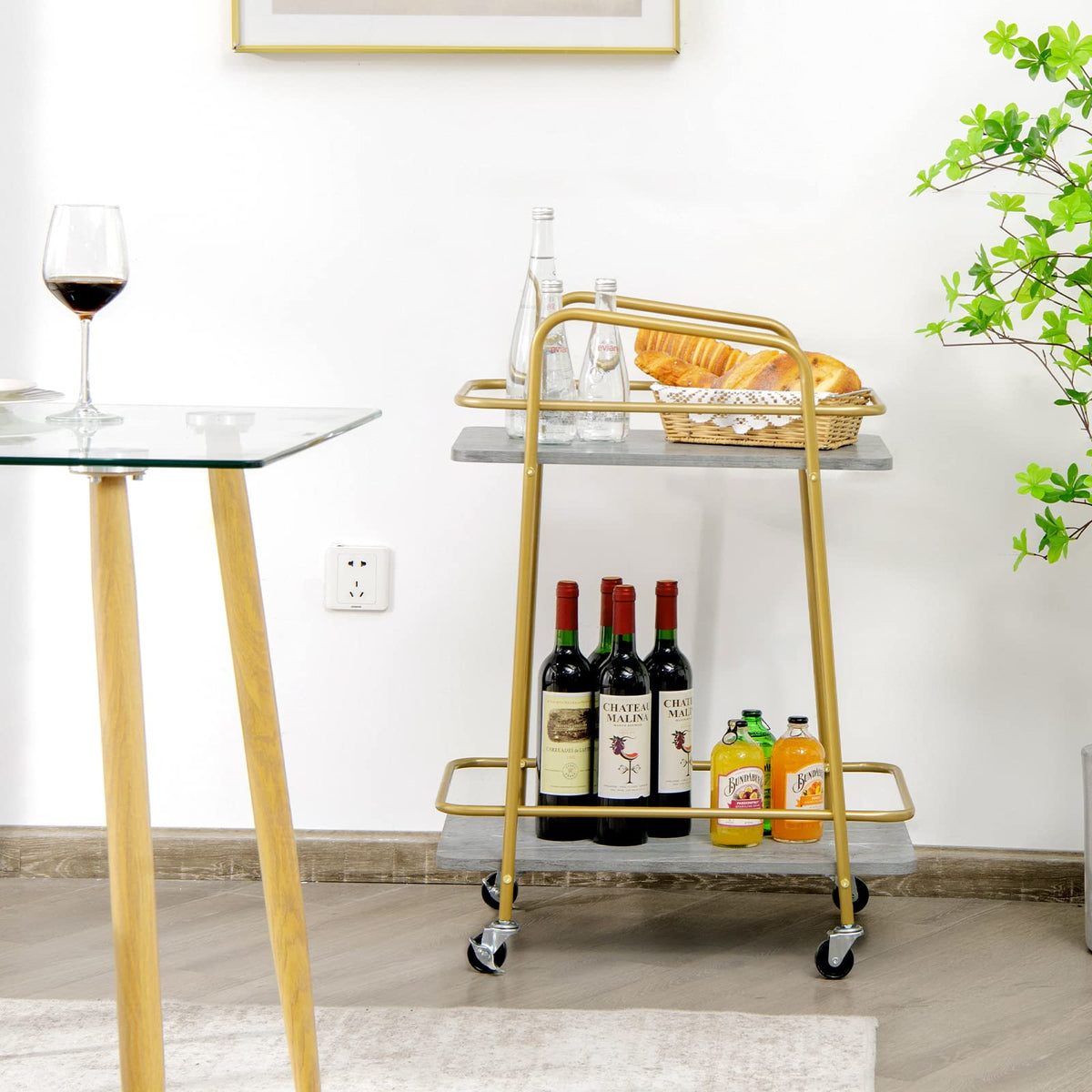Giantex 2-Tier Kitchen Rolling Cart, Wooden Trolley w/Guardrail, Marble Top & Lockable Casters, Mobile Serving Cart