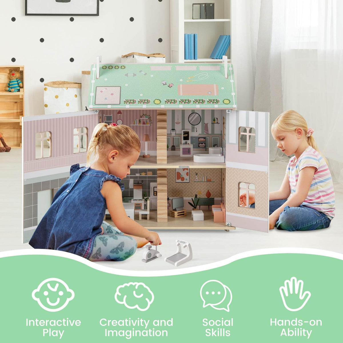 Kids Wooden Dollhouse with Double-Sided Roofs and Openable Doors
