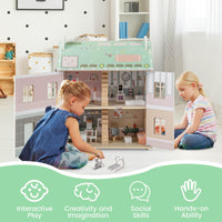Kids Wooden Dollhouse with Double-Sided Roofs and Openable Doors