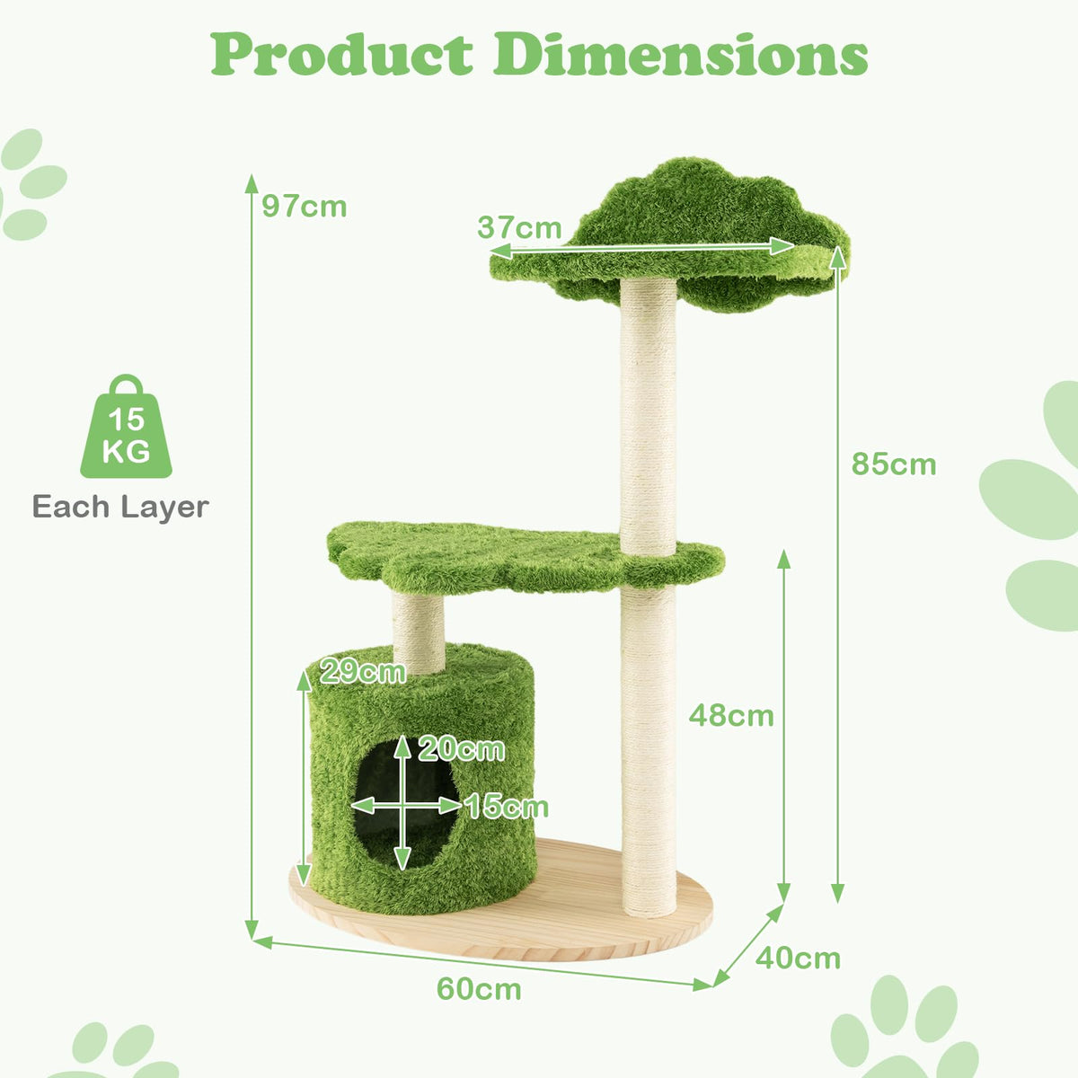 97CM Cute Cat Tree for Indoor Cats, Cat Condo Furniture w/Fully Wrapped Sisal Scratching Posts