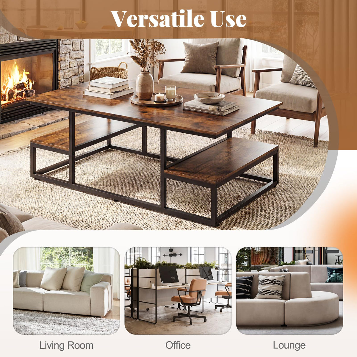 Rectangle Center Table with Open Shelves and Metal Frame for Living Room