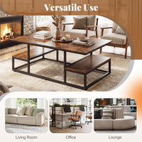 Rectangle Center Table with Open Shelves and Metal Frame for Living Room