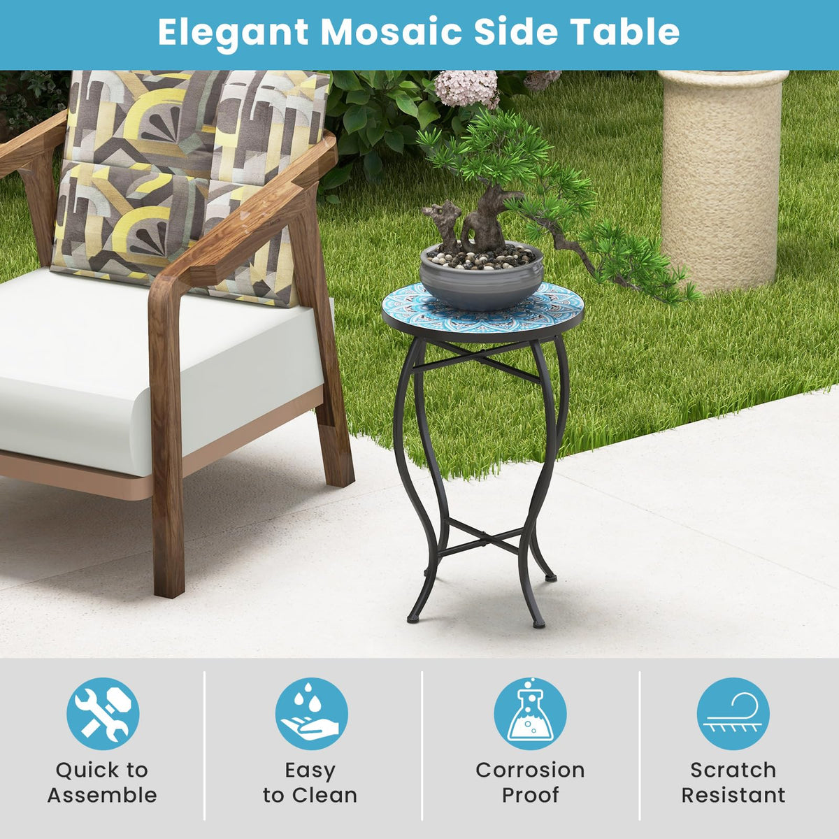 Porch Plant Stand Side Table 35cm with Ceramic Tile