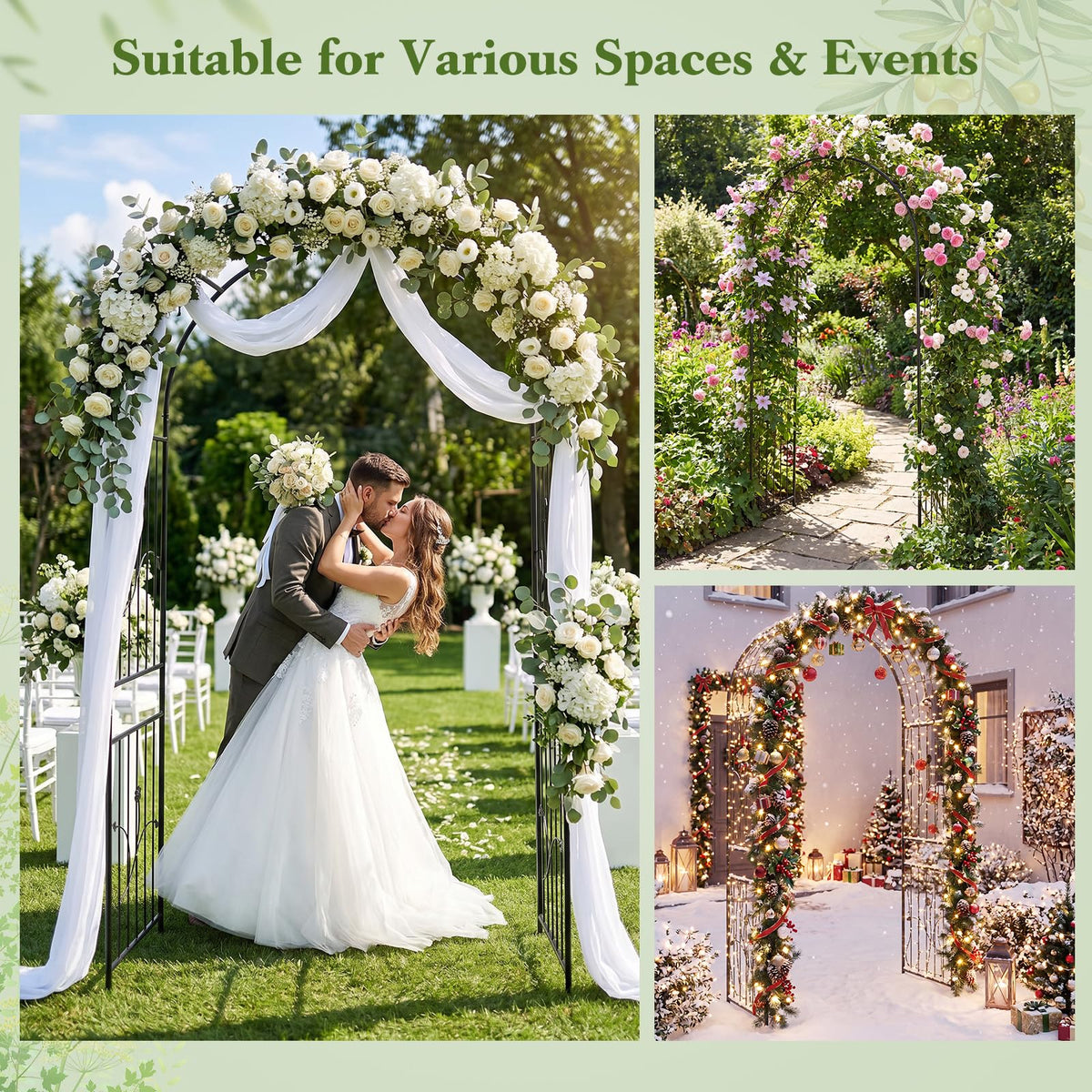 Garden Arch, 220cm Tall Heavy Duty Metal Arbor Trellis Archway for Climbing Plants, Roses