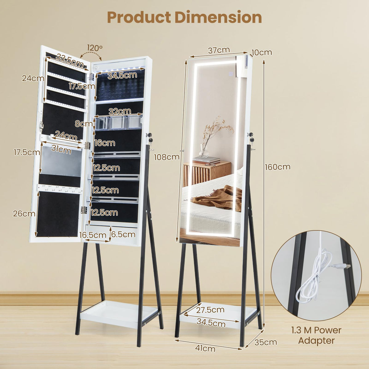 Giantex LED Standing Jewelry Mirror Cabinet, 160cm Lockable Jewelry Armoire Organizer with 3-Color Lighted Full-Length Mirror