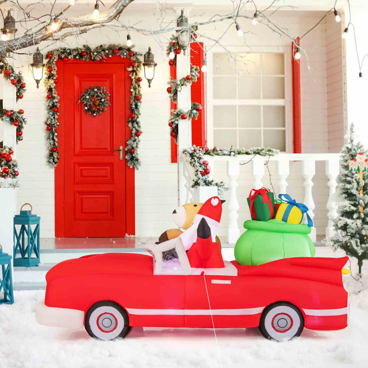 2.35M Long Christmas Inflatable Santa Claus and Reindeer Riding Red Car with Gift Bag