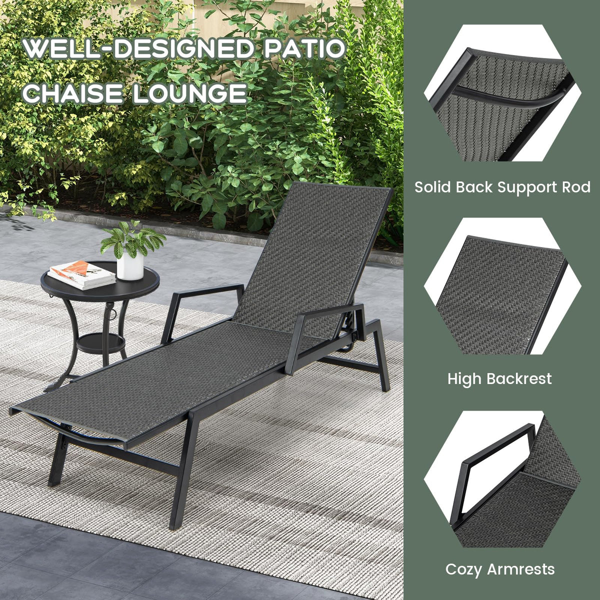 Wicker Outdoor Chaise Lounge, Rattan Garden Sun Lounge Chair w/5 Adjustable Backrest Heights