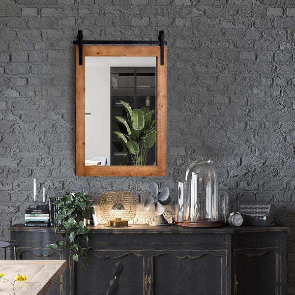 Giantex Farmhouse Wall Mirror, Rustic Wall Mounted Mirror w/Solid Wood Frame & Metal Bracket