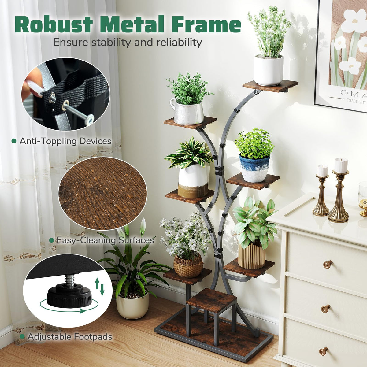 Indoor Plant Stand with Grow Lights, 146CM Tall 8-Tier Corner Metal Plant Shelf