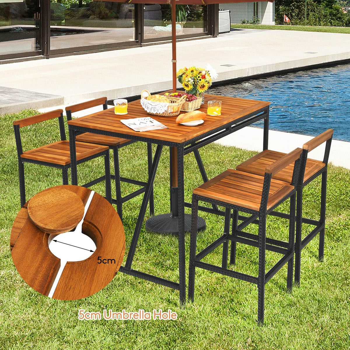 5-Piece Outdoor Acacia Wood and PE Rattan Bar Set