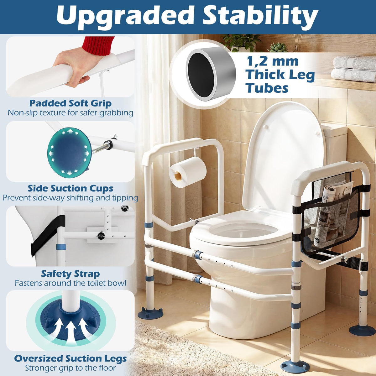 Foldable Toilet Safety Frame with Adjustable Height and Width Non-Slip Design
