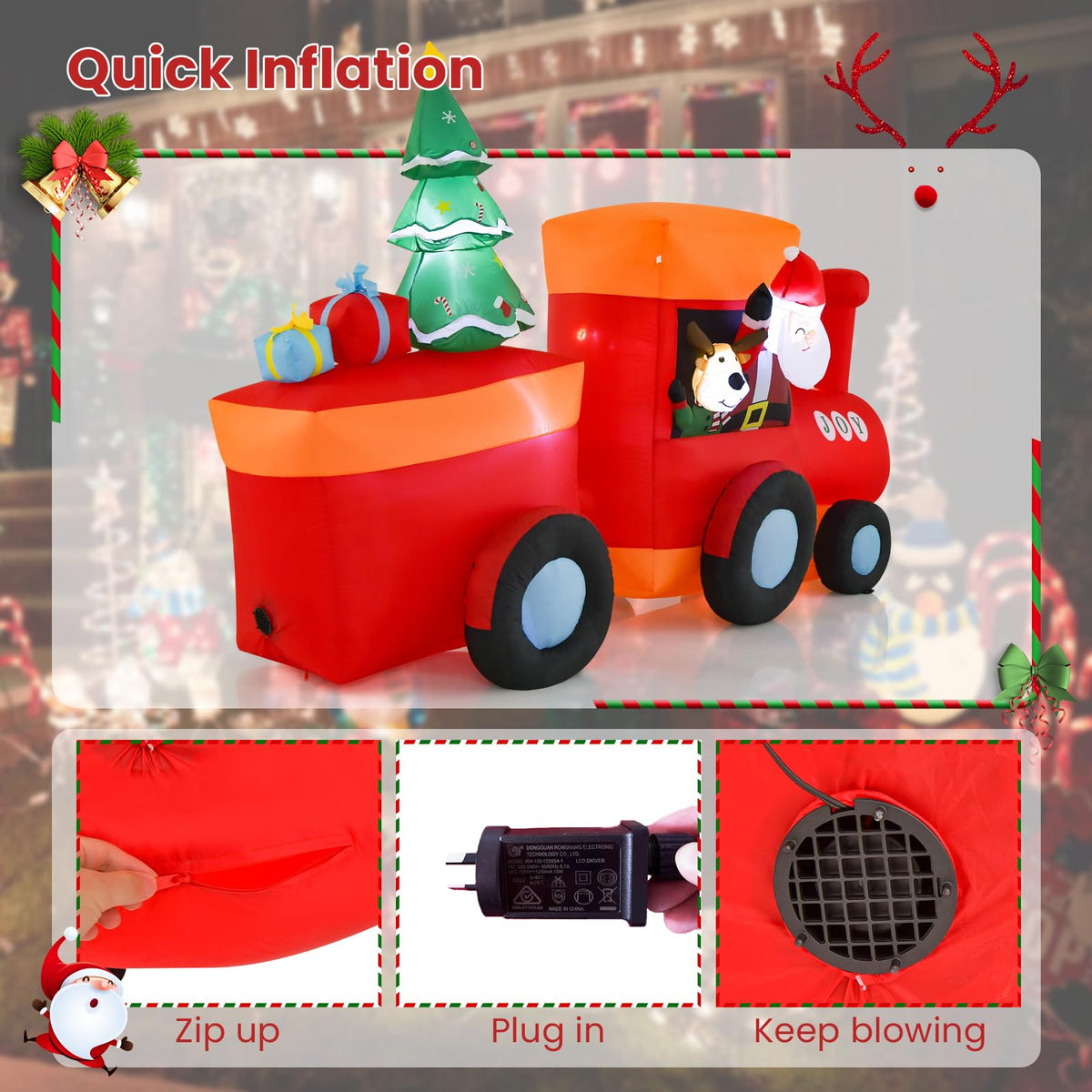 2.6M Christmas Inflatable Light Up Santa Train for Garden & Lawn