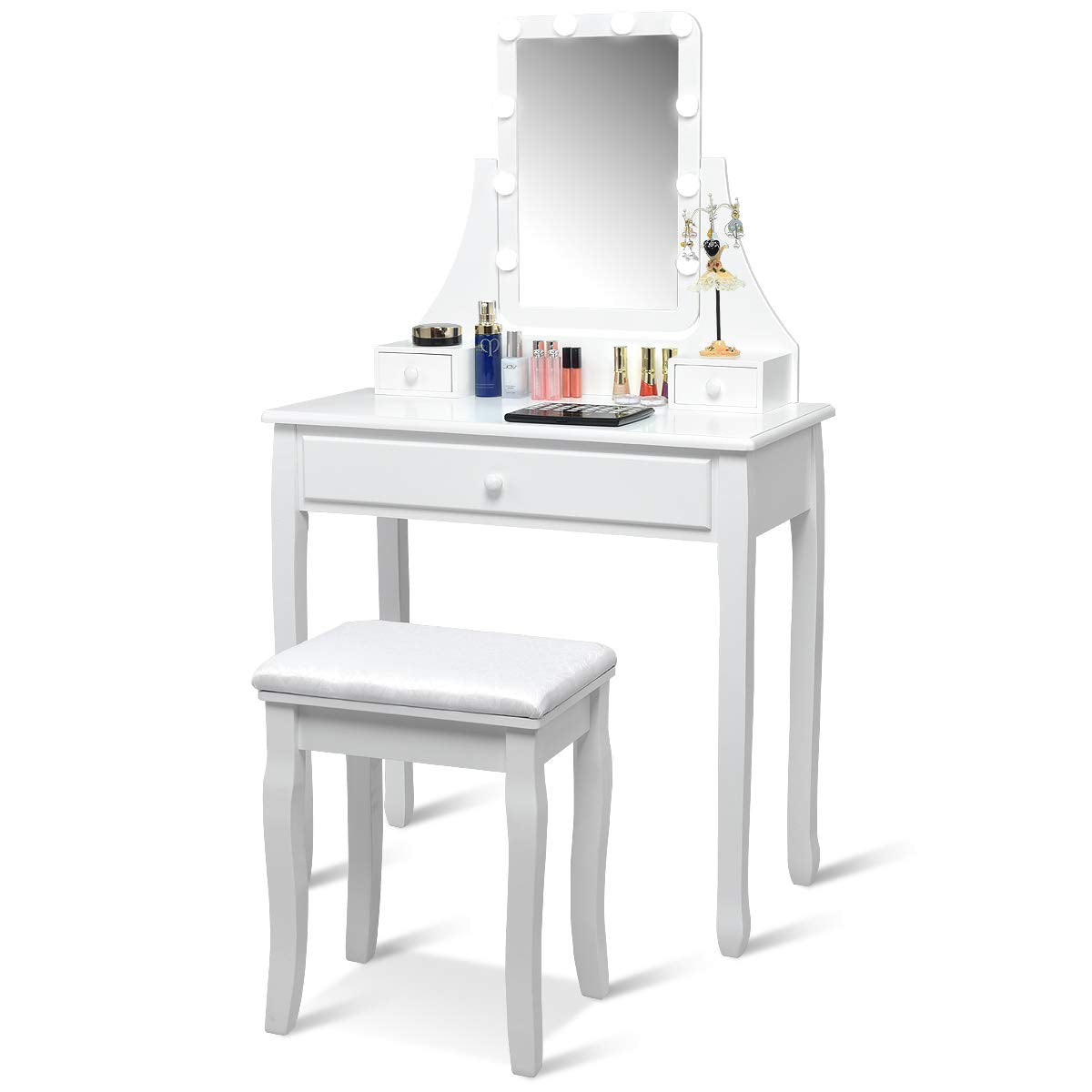 Dressing Table Stool Set, LED Vanity Makeup Dresser Table for Bedroom, Grils Daily Makeup, White