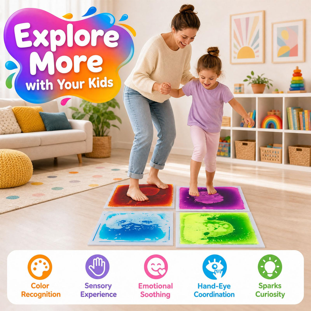 4-Pack Glow-in-the-Dark Liquid Sensory Floor Tiles 30 x 30 CM for Toddlers with Autism