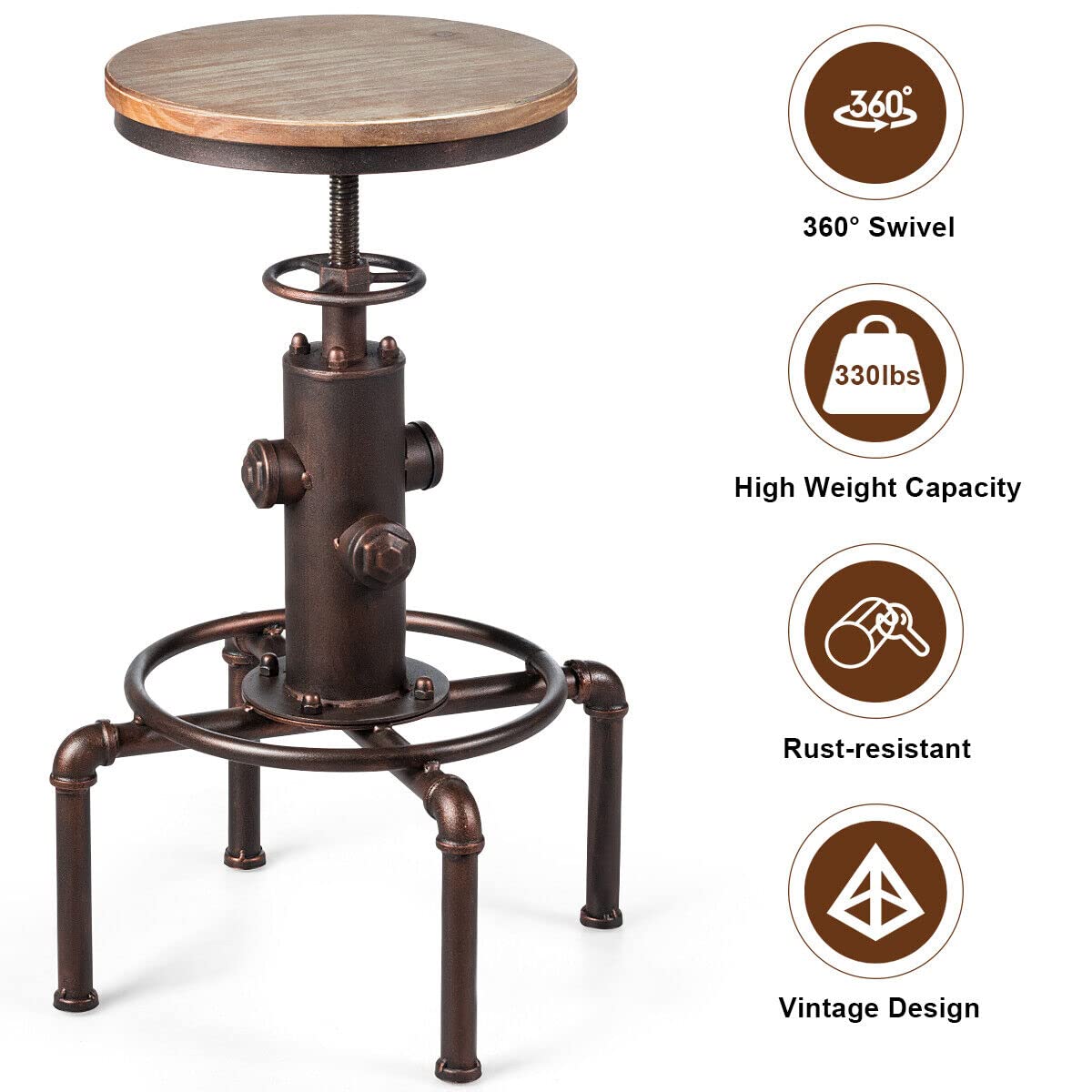 Industrial Bar Stool Wood Seat Water Pipe Fire Hydrant Design Height Adjustable