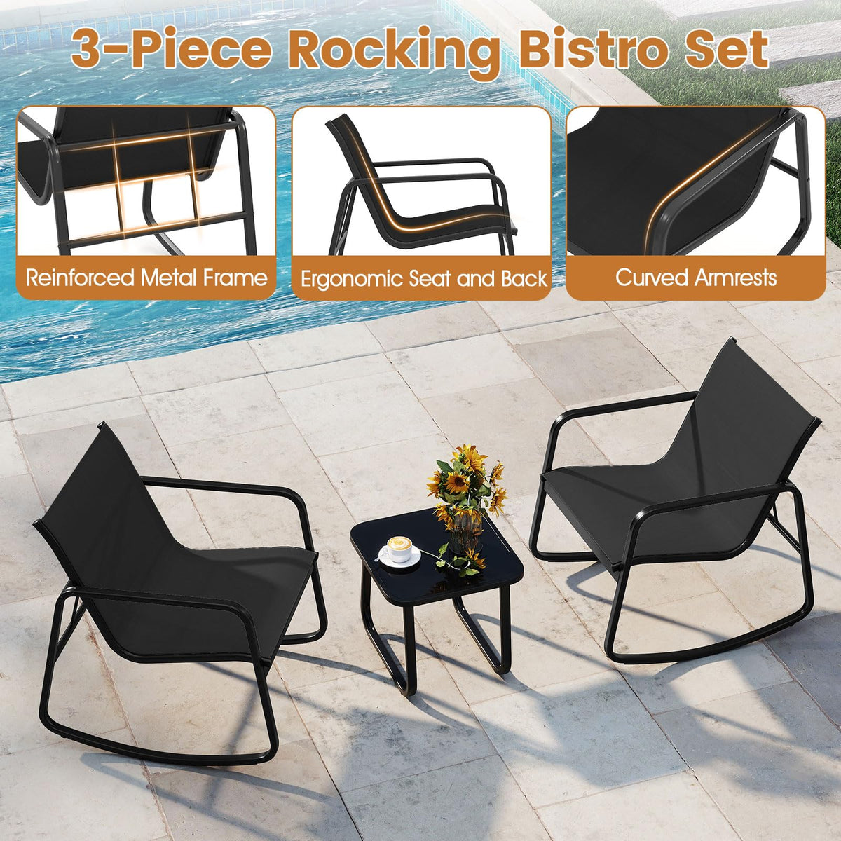 3 Piece Rocking Bistro Set Patio Furniture Set with 2 Rocking Chairs and Coffee Table