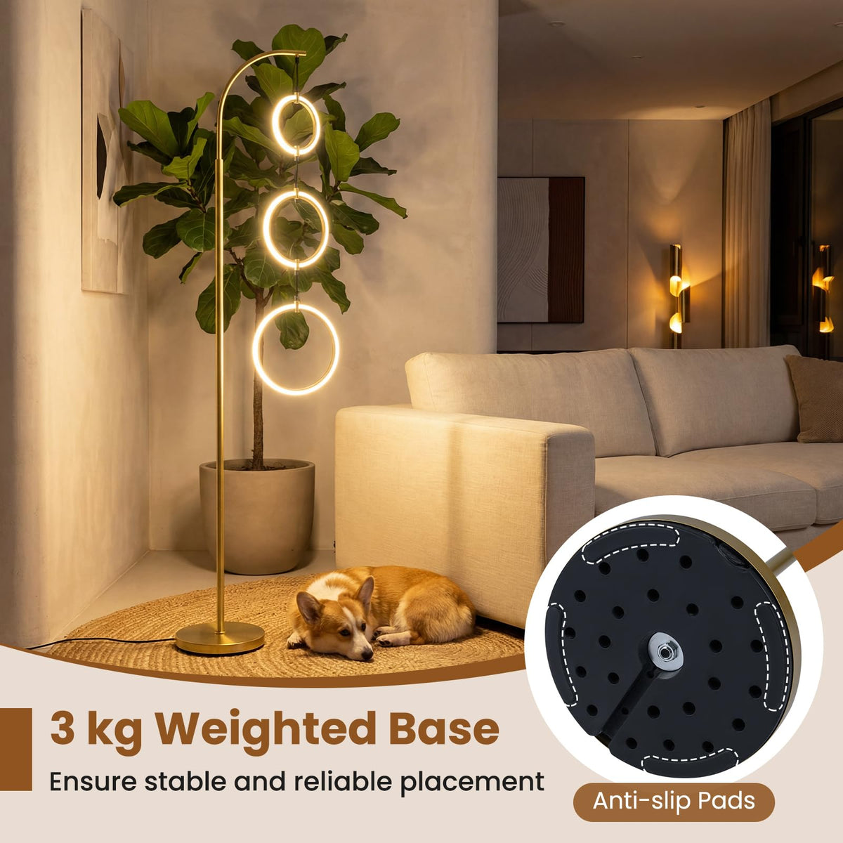 3-Circle Dimmable LED Floor Lamp with Foot Switch & 3 Color Temperatures for Room