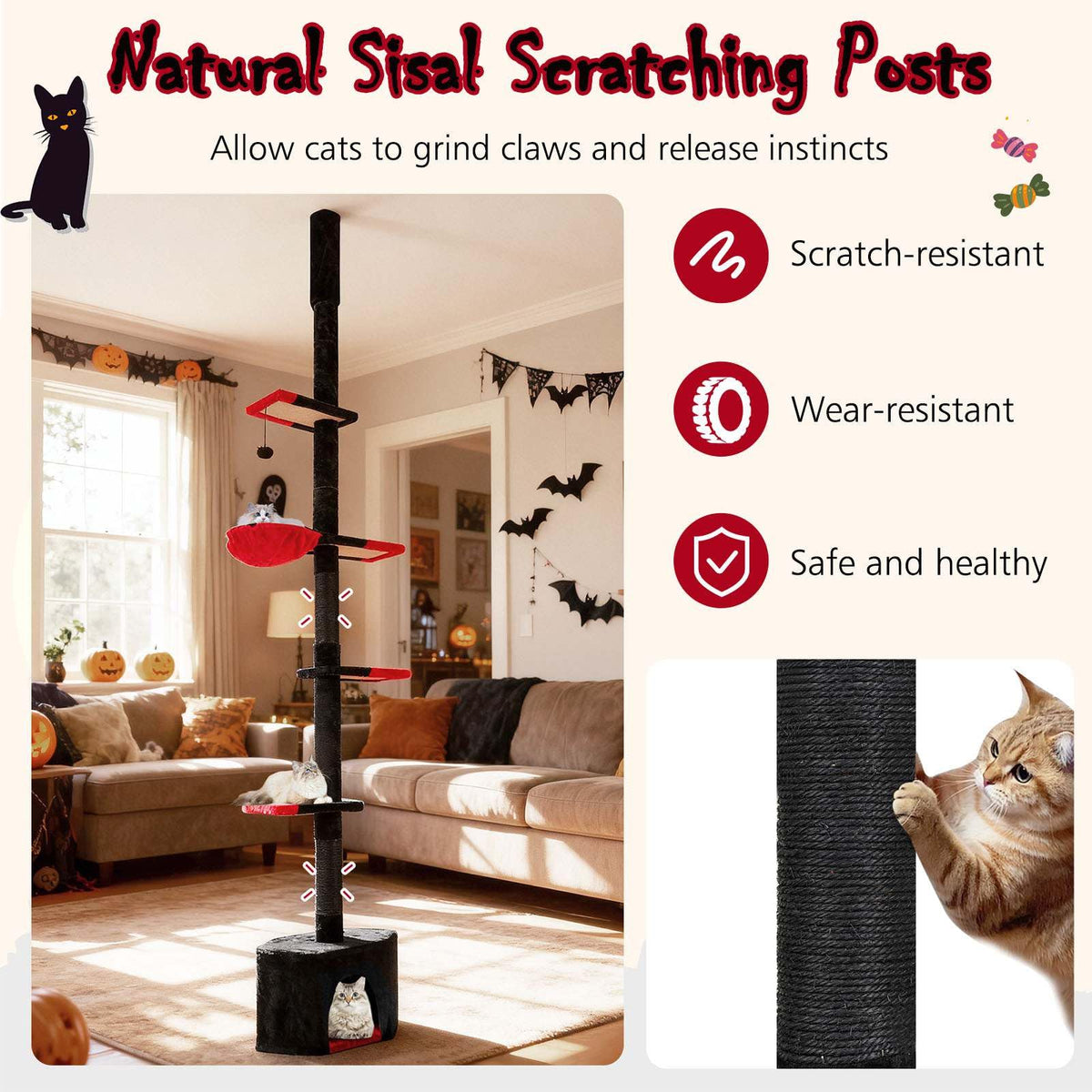 Floor to Ceiling Gothic Cat Tree 245-300 CM Adjustable, 5-Tier Tall Multi-Level Cat Tower