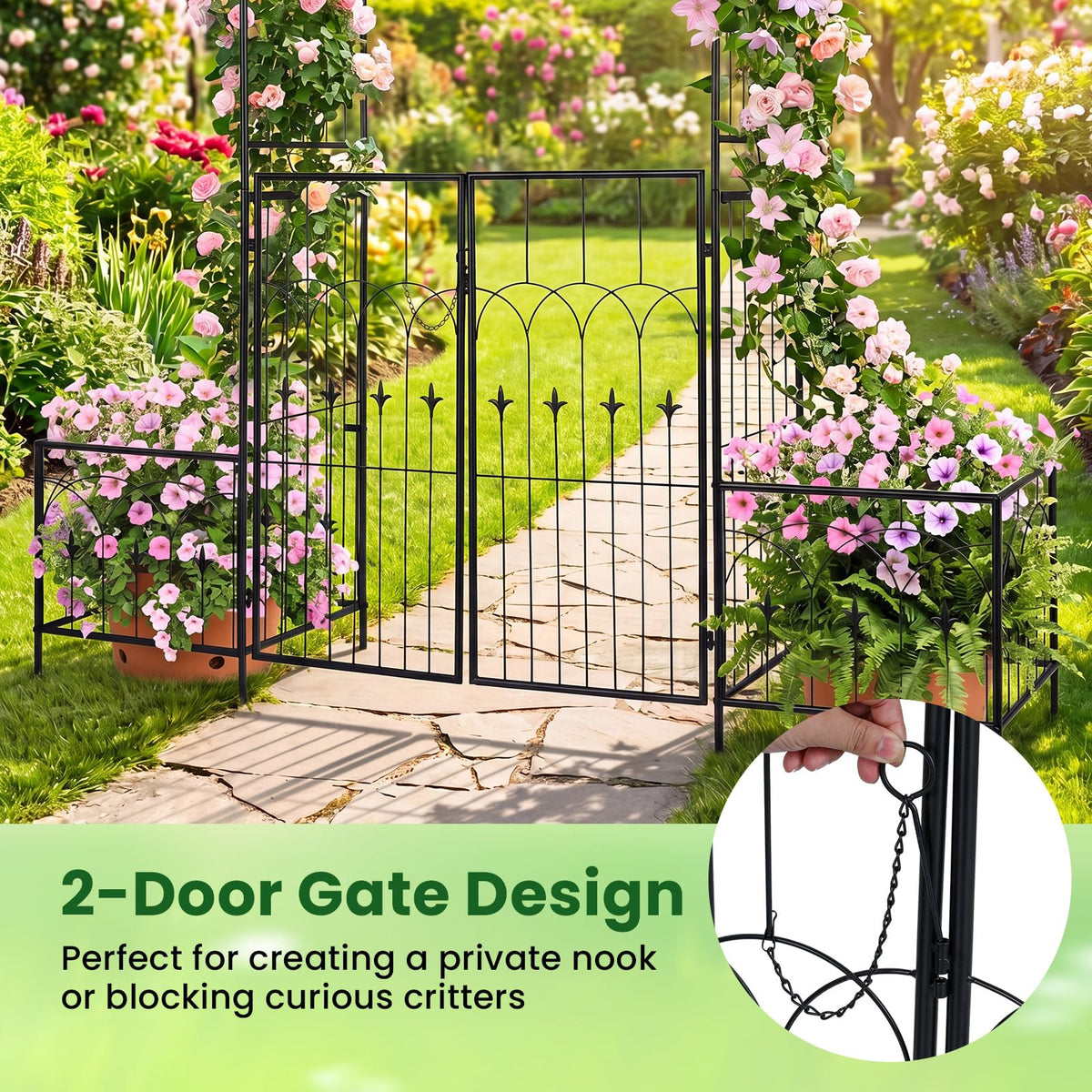 Garden Arch Trellis with Gate and Planter Boxes, 206cm Heavy Duty Metal Arbor