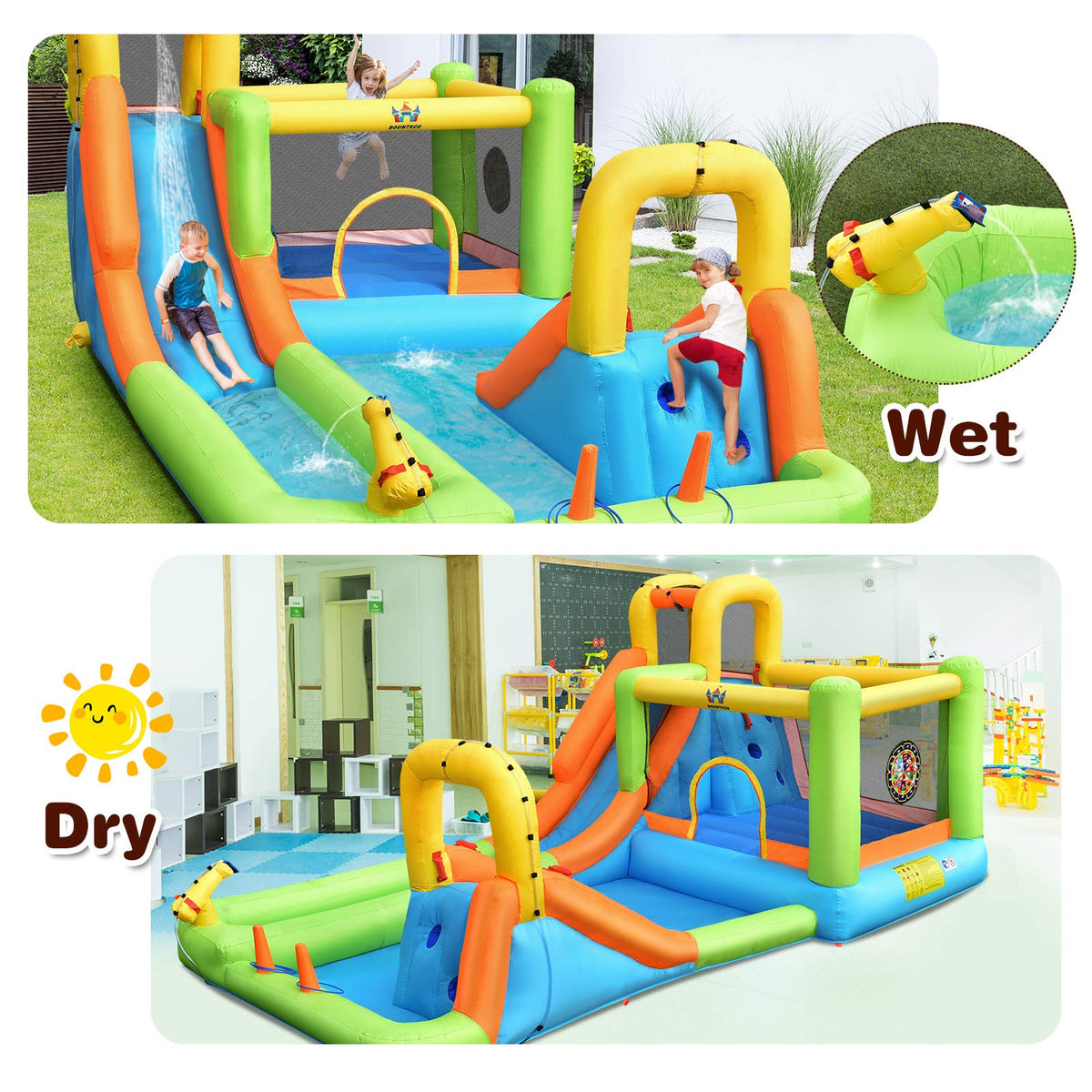 Inflatable Water Slide, Inflatable Bounce House w/Double Slides, Basketball Hoop