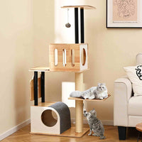 Wood Cat Tree Modern Multi-level Cat Tower w/Double Condos & Sisal Posts Indoor