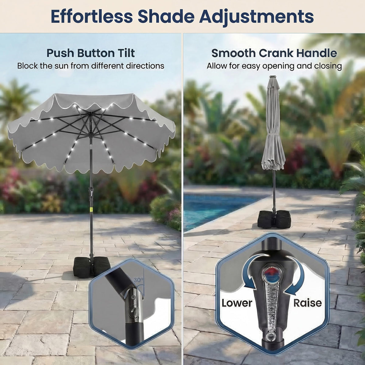 2.7M Patio Umbrella with 32 Solar LED Lights Weighted Base and Sandbags