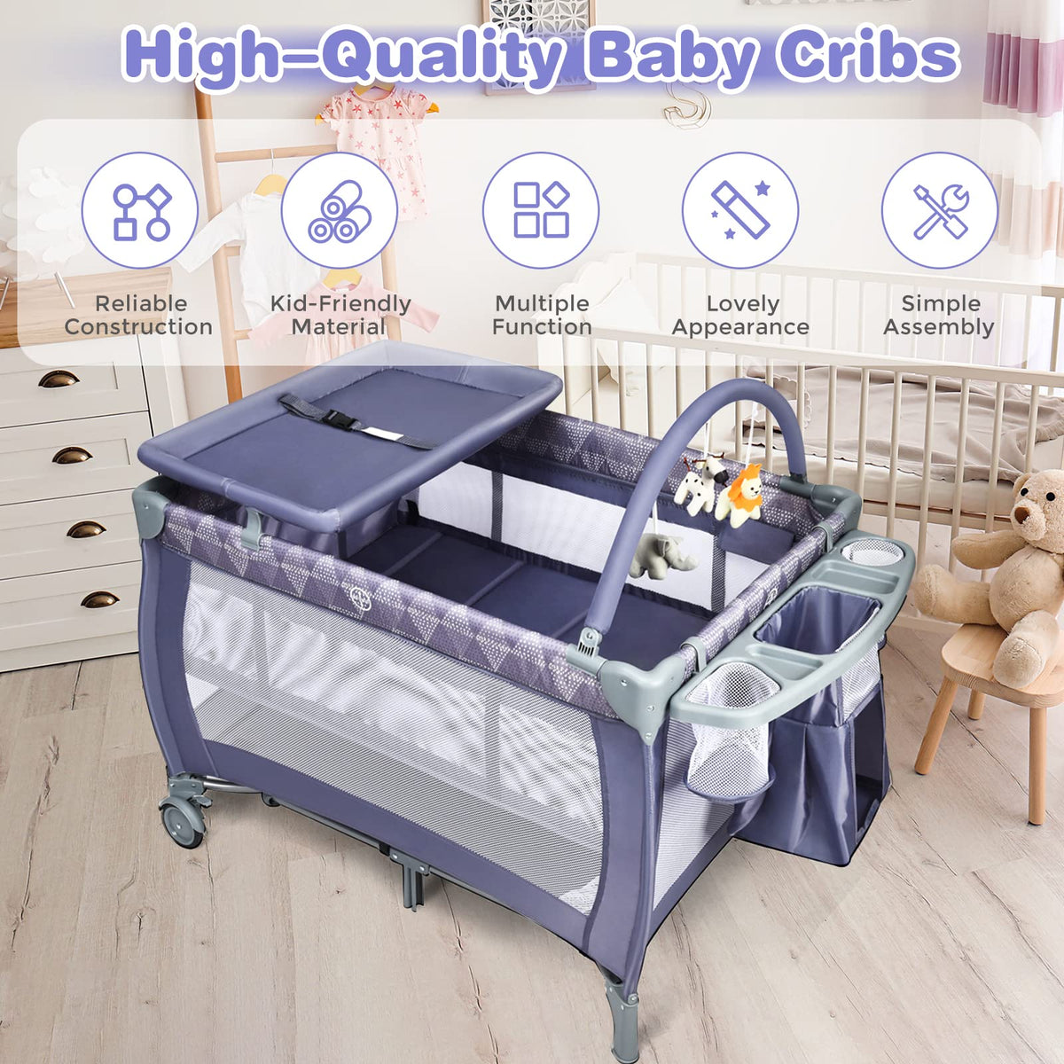 Portable Baby Bassinet, 3 in 1 Baby Travel Cot Activity Center with Changing Table