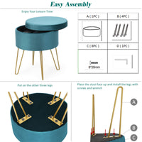 Velvet Storage Ottoman Stool, w/ Hairpin Like Metal Legs, Modern Dressing Make-up Vanity Stool