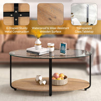 Giantex 2-Tier Coffee Table, Oval Modern Side Table with Tempered Glass Tabletop & Wooden Shelf