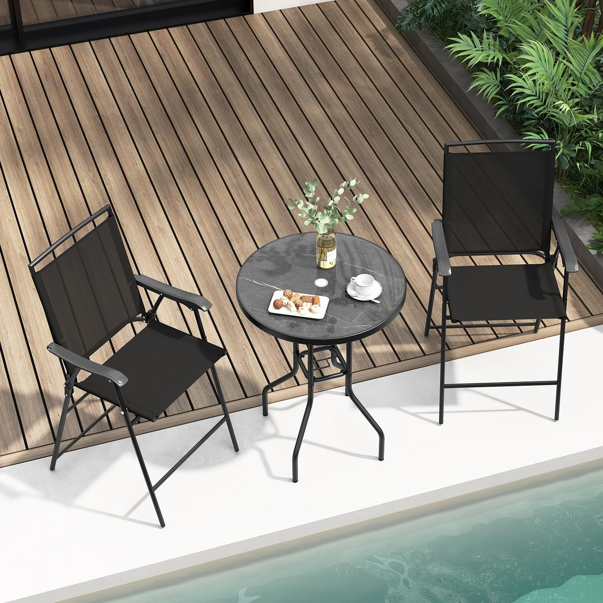 3 PCS Outdoor Bar Stool Set, Bistro Furniture with DPC Tabletop