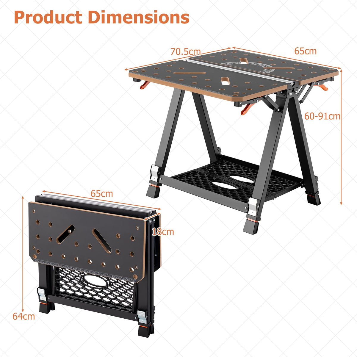 2-in-1 Folding Work Table & Sawhorse, 454 kg Max Load Workbench w/ 2 Quick Clamps & 4 Clamp Dogs