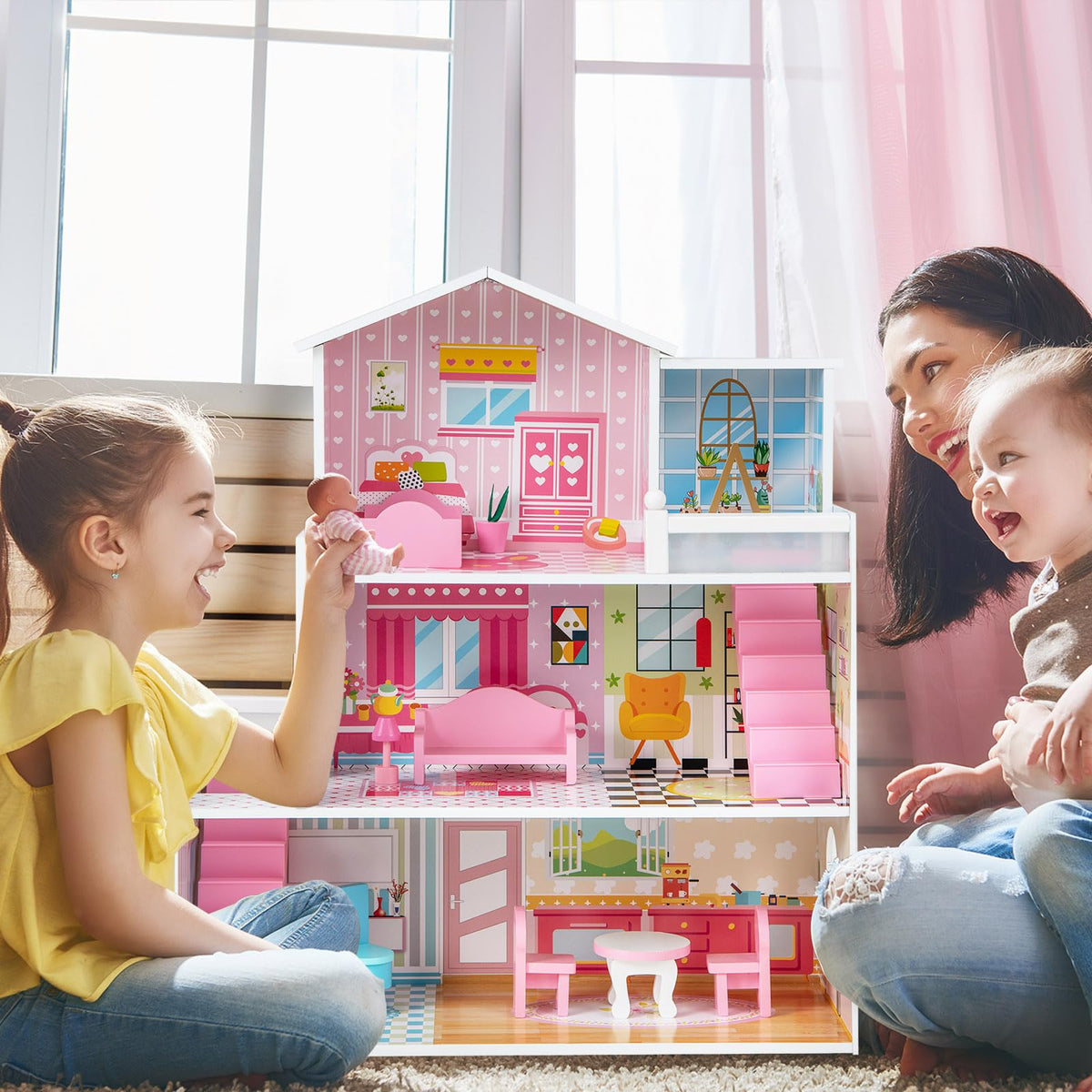 Kids Wooden Dollhouse with 5 Simulated Rooms & 10 Pieces of Furniture