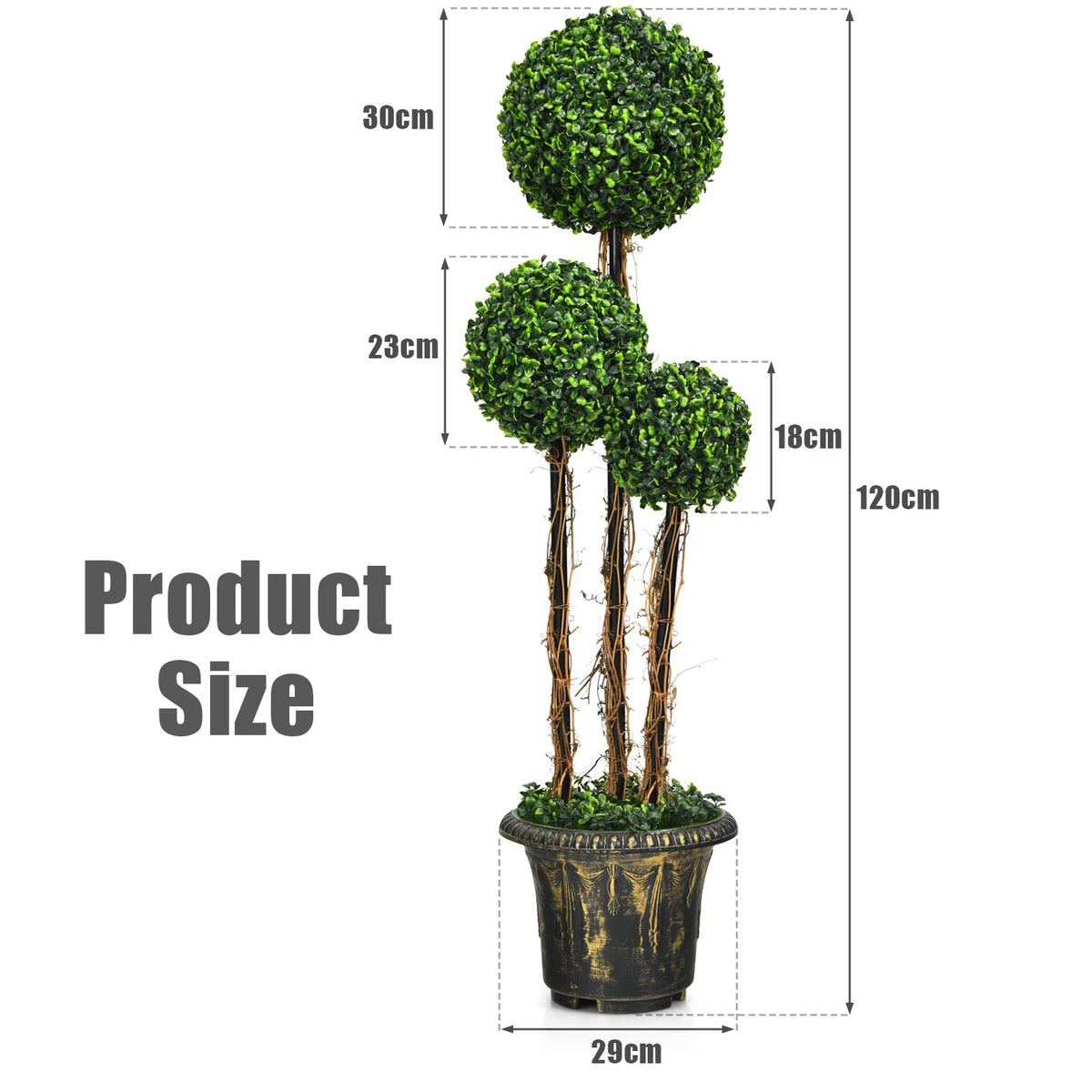 Giantex Topiary Artificial Tree, 120cm Triple Ball Tree w/UV & Water Protection, Cement-filled Pot, Real Wood Rattan