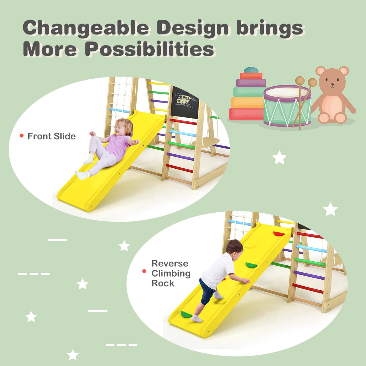 8-in-1 Wooden Climbing Playset with Slide and Drawing Board